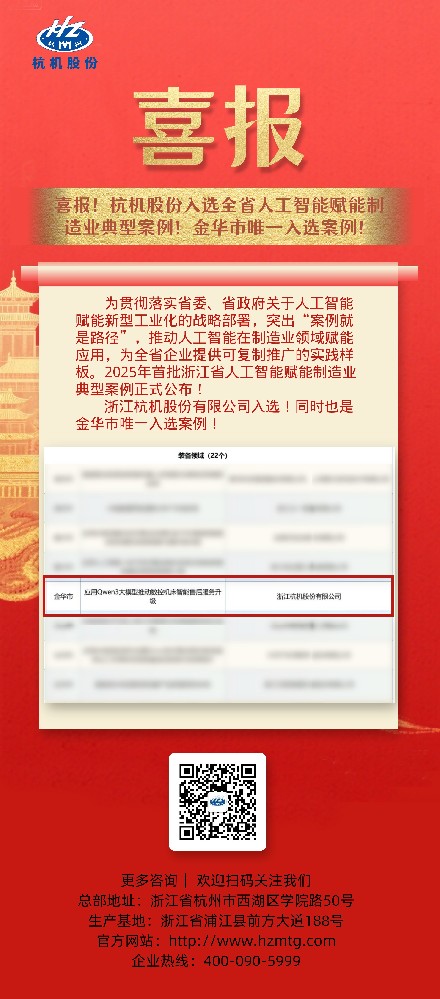 喜報！杭機(jī)股份入選全省人工智能賦能制造業(yè)典型案例！